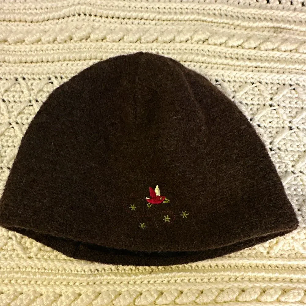 Pistil Brown Wool Beanie Hat Lined Size M Womens Embroidered Bird 100% Wool